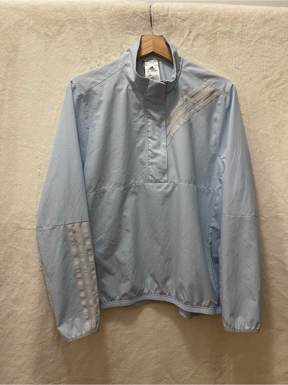 adidas Women's Pale Blue Windbreaker with White Stripe Accents